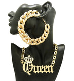 Stone Stud Crowned Queen Pendant Chain Necklace with Bamboo Style Hoop Earrings Jewelry Set