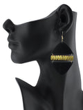 Women's Linked Rounded Diamond Shape Wood Dangle Pierced Earrings, Black