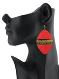Women's Linked Rounded Diamond Shape Wood Dangle Pierced Earrings, Red