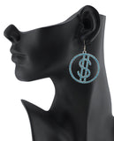 Women's Stone Stud Encircled Dollar Sign Money Symbol Dangle Pierced Earrings, Blue/Silver-Tone
