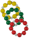 Women's Wood Round Ball Shamballa Fashion Stretch Bracelet Set, Yellow/Green/Red