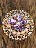 NYFASHION101 Elegant Formal Star Flower Rhinestone Studded Round Brooch Pin, Amethyst/Gold-Tone