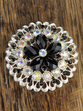 NYFASHION101 Elegant Formal Star Flower Rhinestone Studded Round Brooch Pin, Black/Silver-Tone