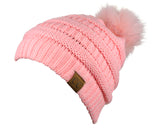 NYFASHION101 Soft Stretch Cable Knit Faux Fur Pom Pom Beanie Hat