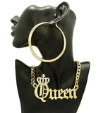 Stone Stud Crowned Queen Pendant Chain Necklace with Polished Hoop Earrings Jewelry Set
