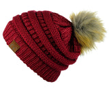 NYFASHION101 Soft Stretch Cable Knit Faux Fur Pom Pom Metal Color Beanie Hat