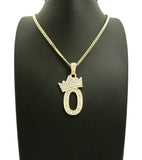 Stone Stud Tilted Crown Number Pendant with 3mm 24" Cuban Chain Necklace, 0, Gold-Tone