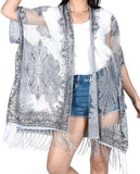 Women's Paisley Burnout Tassel Ends Sheer Shawl Cardigan, Blue