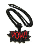 Stone Stud POW! Pendant with 5mm 24" Cuban Chain Necklace in Black, Red Stone