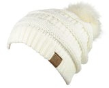 NYFASHION101 Soft Stretch Cable Knit Faux Fur Pom Pom Beanie Hat
