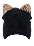 D&Y Women's Winter Gold-Tone Rhinestone Cute Cat Ear Cuffed Knit Beanie Hat