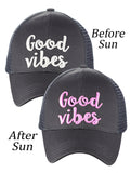 C.C Ponycap Color Changing Embroidered Quote Adjustable Trucker Baseball Cap, Good Vibes