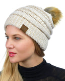 NYFASHION101 Soft Stretch Cable Knit Faux Fur Pom Pom Metal Color Beanie Hat