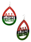 Women's Rasta Slogan All Lives Matter Wood Teardrop Dangle Pierced Earrings Set