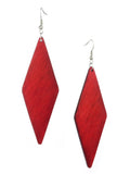 Women's Wooden Elongated Diamond Shape Dangle Pierced Earrings Set, Purple/Red/Magenta
