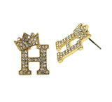 Stone Stud Tilted Crown Initial Pierced Earrings, H/Gold-Tone