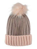 D&Y Rib Knit Beanie With Two Tone Cuff And Faux Fur Pom