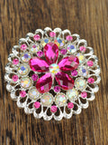 NYFASHION101 Elegant Formal Star Flower Rhinestone Studded Round Brooch Pin, Pink/Silver-Tone