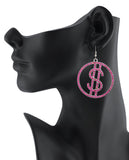 Women's Stone Stud Encircled Dollar Sign Money Symbol Dangle Pierced Earrings, Pink/Silver-Tone