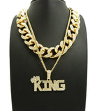 Hip Hop Rapper's Style Iced Out Cuban Chain & Stone Stud Crowned KING Pendant with Box Chain Necklace Set