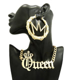 Stone Stud Crowned Queen Pendant Necklace with Crown Charm Bamboo Hoop Earrings Jewelry Set