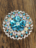 NYFASHION101 Elegant Formal Star Flower Rhinestone Studded Round Brooch Pin, Turquoise/Silver-Tone