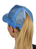 C.C Ponycap Messy High Bun Ponytail Adjustable Glitter Mesh Trucker Baseball Cap, Light Blue