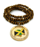 Stone Stud Jamaica Waving Flag Medal Pendant with 6mm 30" Wood Bead Color Disc Necklace, Brown Wood/Gold-Tone