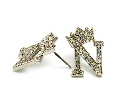 Stone Stud Tilted Crown Initial Pierced Earrings, N/Silver-Tone