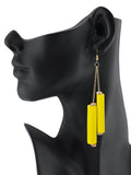 Women's Wood Cylinder Mini Stone Stud Ends Link Chain Dangle Pierced Earrings, Yellow