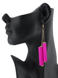 Women's Wood Cylinder Mini Stone Stud Ends Link Chain Dangle Pierced Earrings, Hot Pink