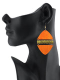 Women's Linked Rounded Diamond Shape Wood Dangle Pierced Earrings, Orange