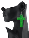 Women's Smooth Wooden Cross Dangle Pierced Earrings Set, Red/Mustard/Green