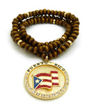 Stone Stud Puerto Rico Waving Flag Medal Pendant with 6mm 30" Wood Bead Color Disc Necklace, Brown Wood/Gold-Tone