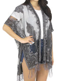 Women's Paisley Burnout Tassel Ends Sheer Shawl Cardigan, Black