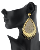 Women's Stone Stud Imprinted Design Teardrop Metal Dangle Clip On Earrings, Gold-Tone