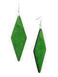 Women's Wooden Elongated Diamond Shape Dangle Pierced Earrings Set, Green/Teal/Mustard