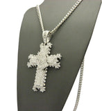 Stone Stud Praying Hands on Heraldic Cross Pendant w/6mm 36" Cuban Chain Necklace, Silver-Tone