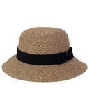 C.C Women's Paper Woven Cloche Bucket Hat with Black Bow Band