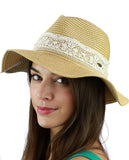 C.C Women's Paper Woven Panama Sun Beach Hat with Lace Trim, Natural