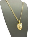 Stone Stud Crown King Lion Pendant w/ 3mm 24" Concave Cuban Chain Necklace in Gold-Tone