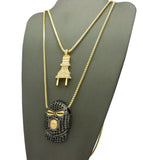 Stone Stud Power Plug & Goon Ski Mask Head Pendant Set w/ 2mm 24" & 30" Box Chains in Gold-Tone