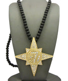 Gold-Tone Stone Stud 5 Percenter Star Pendant with 8mm 33" Wood Bead Necklace