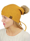 C.C Horizontal Knit Faux Fur Pom Back Drawstring Slouch Beanie Hat