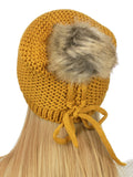 C.C Horizontal Knit Faux Fur Pom Back Drawstring Slouch Beanie Hat
