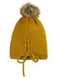 C.C Horizontal Knit Faux Fur Pom Back Drawstring Slouch Beanie Hat