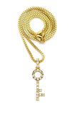 Stone Stud Lever Lock Key Micro Pendant w/2mm 24" Box Chain Necklace