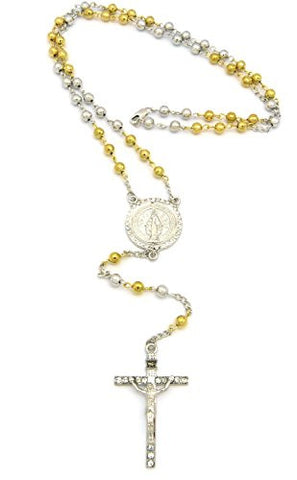 Pave St. Mary and Crucifix Jesus Cross Pendant 36" Rosary Bead Necklace - Two Tone