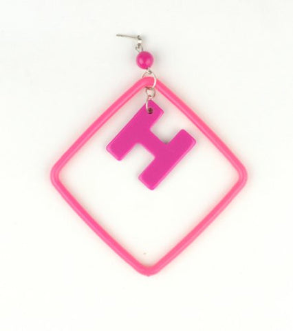 Initial Letter H Dangling Charm Pink Acrylic Drop Earrings