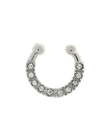Single Loop Stone Stud Non-Pierced Septum Hanger Nose Hoop Ring in Silver-Tone